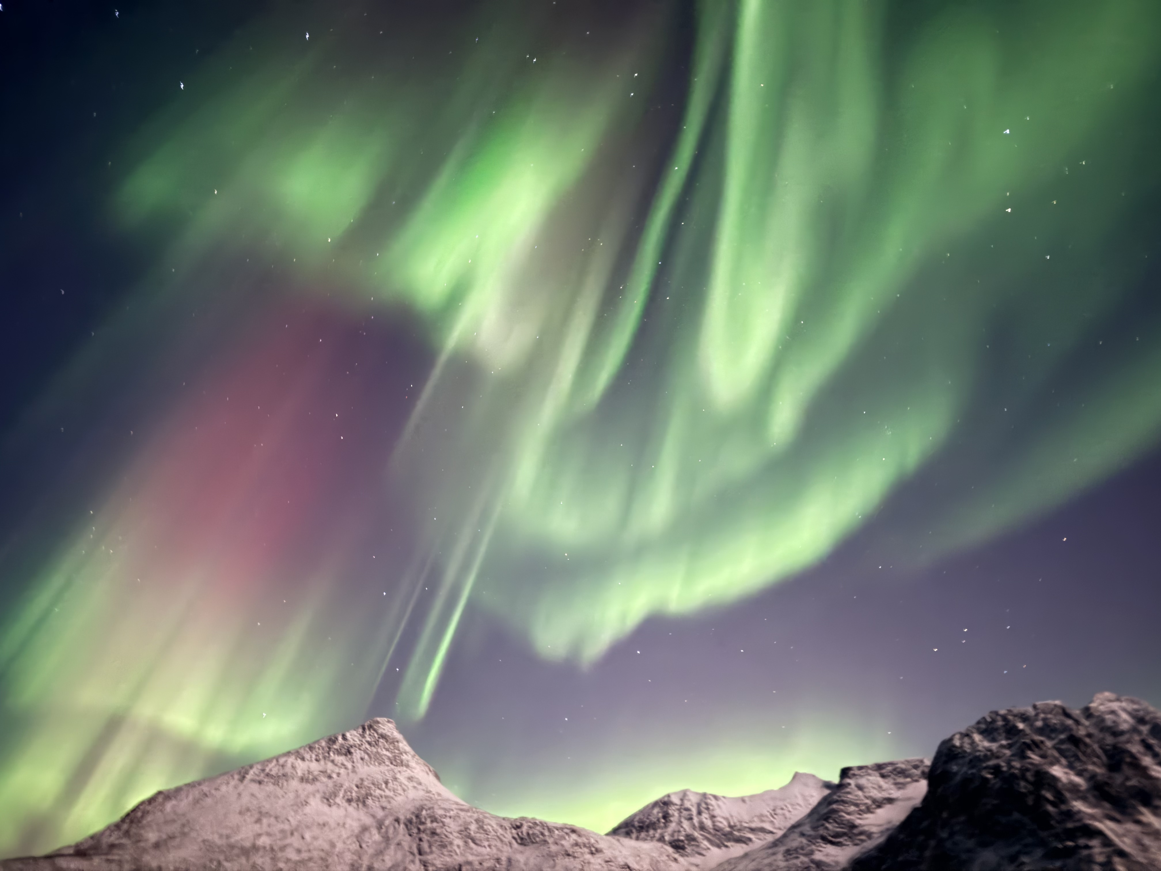 Aurora with pink and green curtains over snow mountains